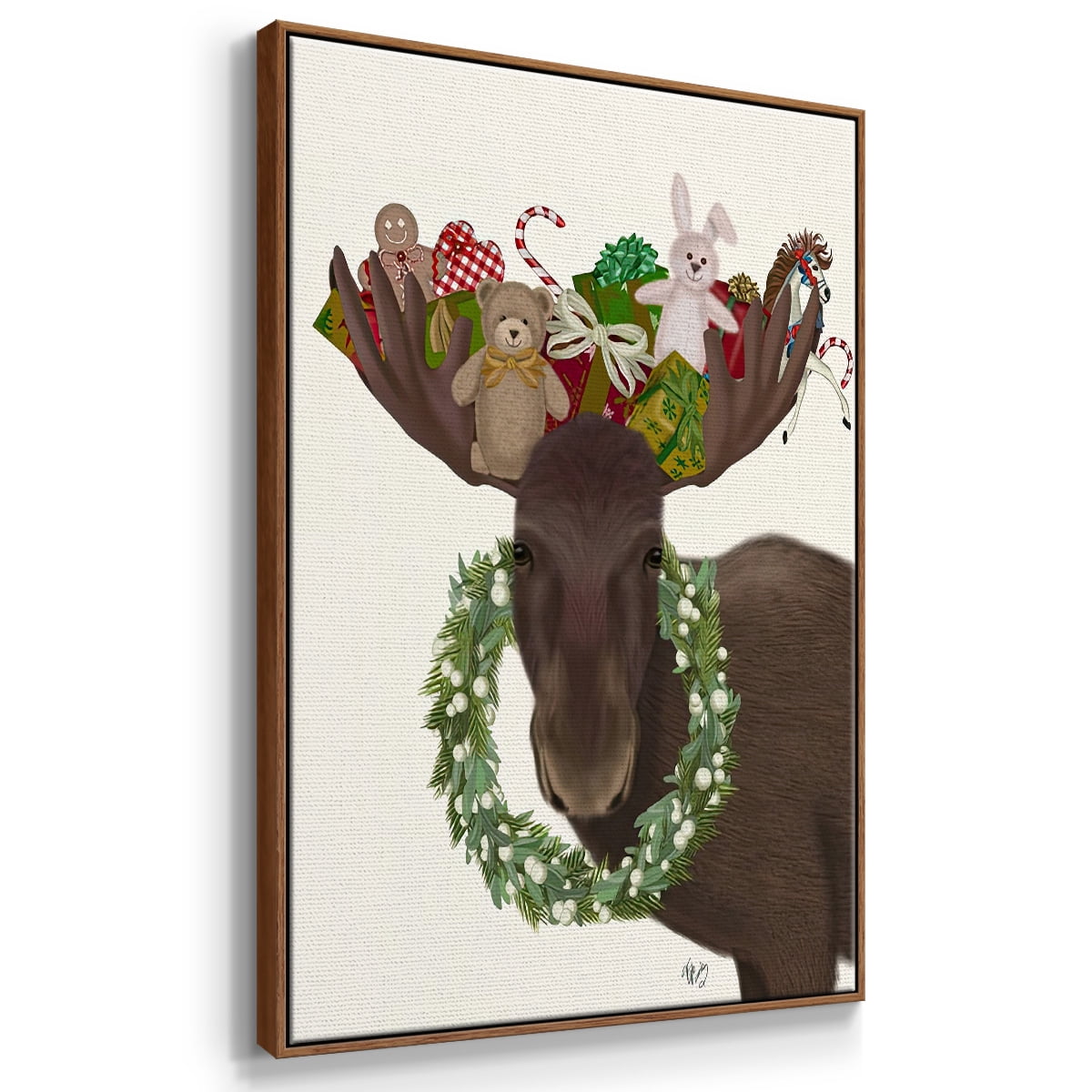 Christmas Moose and Christmas Gifts - Framed Gallery Wrapped Holiday Canvas - 27 x 41 - Rosewood Frame