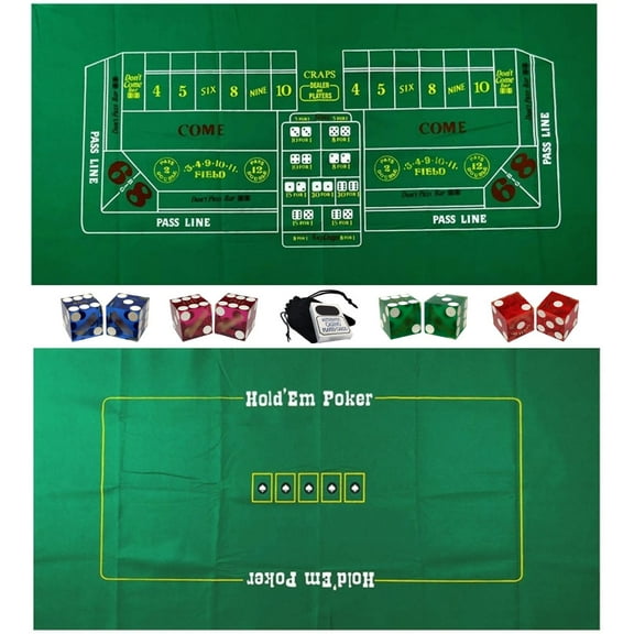 Craps & Texas Hold'em Poker Essentials Set: 2-Sided Felt Layout, Genuine Casino Table-Played Dice & Cards ... Plus Storage Pouch (Cyber-Deals Exclusive Bundle)