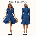 thumbnail image 2 of Women's Flowy Jean Dress, Vacation Lapel Long Puff Sleeve Button Down A-Line Swing Ruffle Denim Dress, 2 of 6