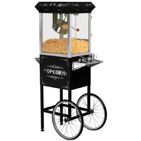 Elite EPM-300 2-in-1 Black Vintage Popcorn Trolley Cart 8oz Popcorn Maker Machine Popper