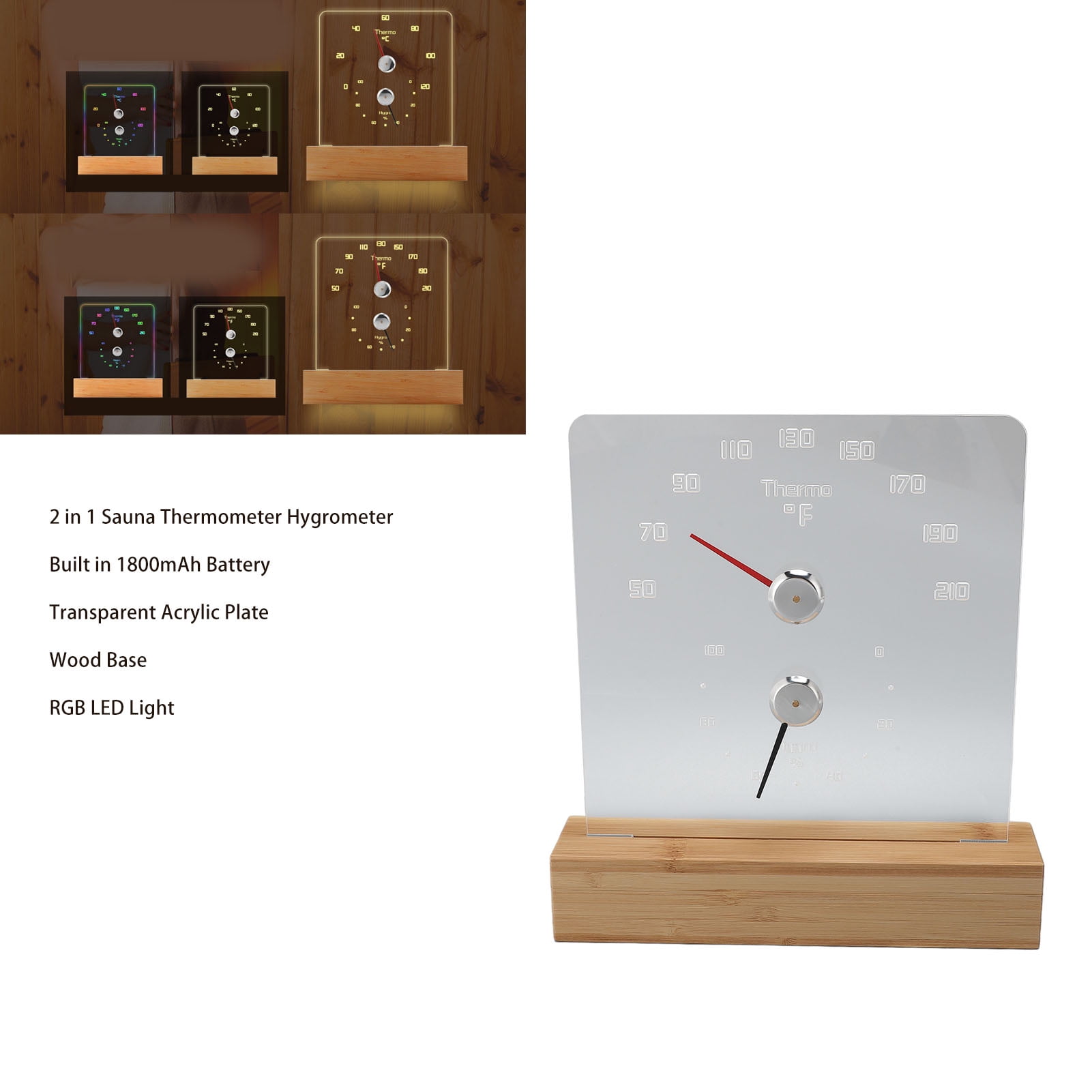 NFTIGB RGB 2-in-1 Sauna Thermometer Hygrometer with Wood Base & Ambient Light, Indoor Freestanding or Wall Mountable Temperature Humidity Monitor, 50-210F / 10-99C, 9.06 inches / 23 cm