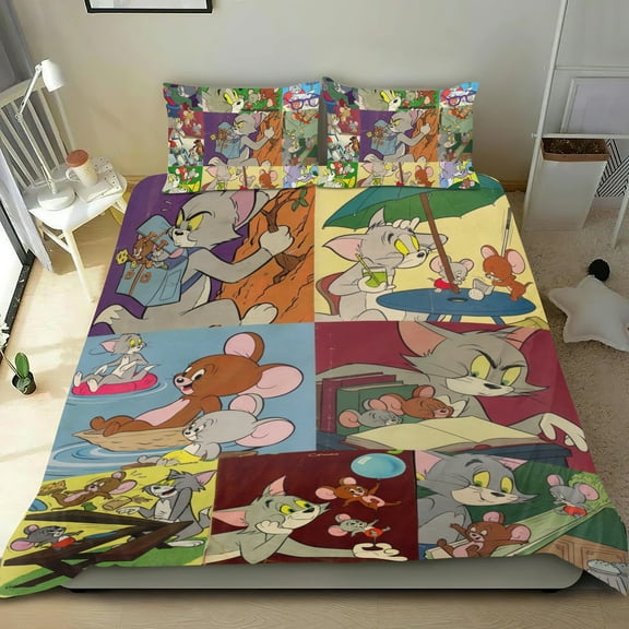Twin Tom and Jerry Duvet Cover 3 Piece Bedding Set,Teens Comforter Cover Set Super Soft Duvet Cover with 2 Pillowcase