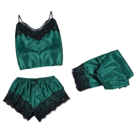 

Plus Size Lingerie For Women Sleepwear Women Stain Lace Silk Nightdress Pajamas Camisole Trousers Women Suspender Top Shorts Pajamas Set Pajamas Lace Stitching Three-Piece Green Xxl