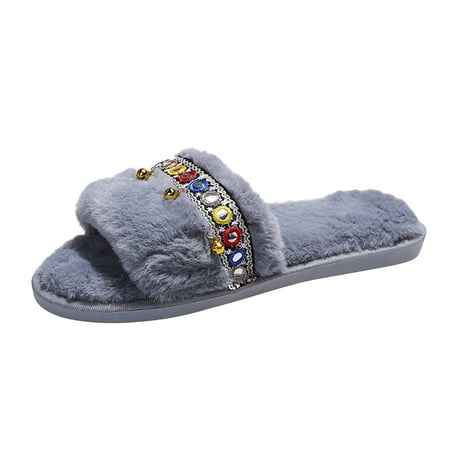 

Youmylove Women Slippers Fashion Bells Decoration Ethnic Style Furry Casual Flat Slippers Comfort Cozy Leisure Daily Walking