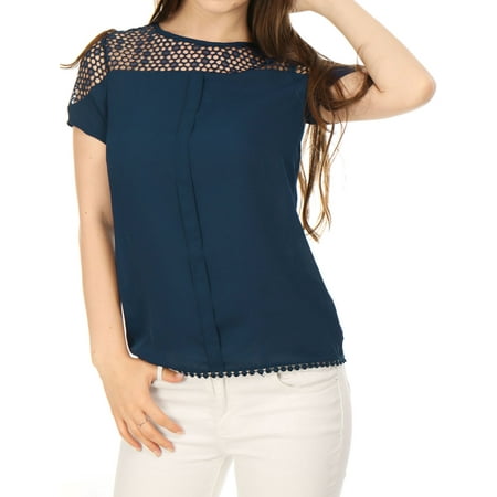 Sheer Black Lace Top - Women's Short Sleeves Blouses Semi Sheer Pleated Lace Top Blouse Shirt