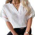 thumbnail image 1 of Camisa casual para mujer, cuello en V, color sólido, manga corta, costura de encaje, elegante top de verano para uso diario, 1 of 5