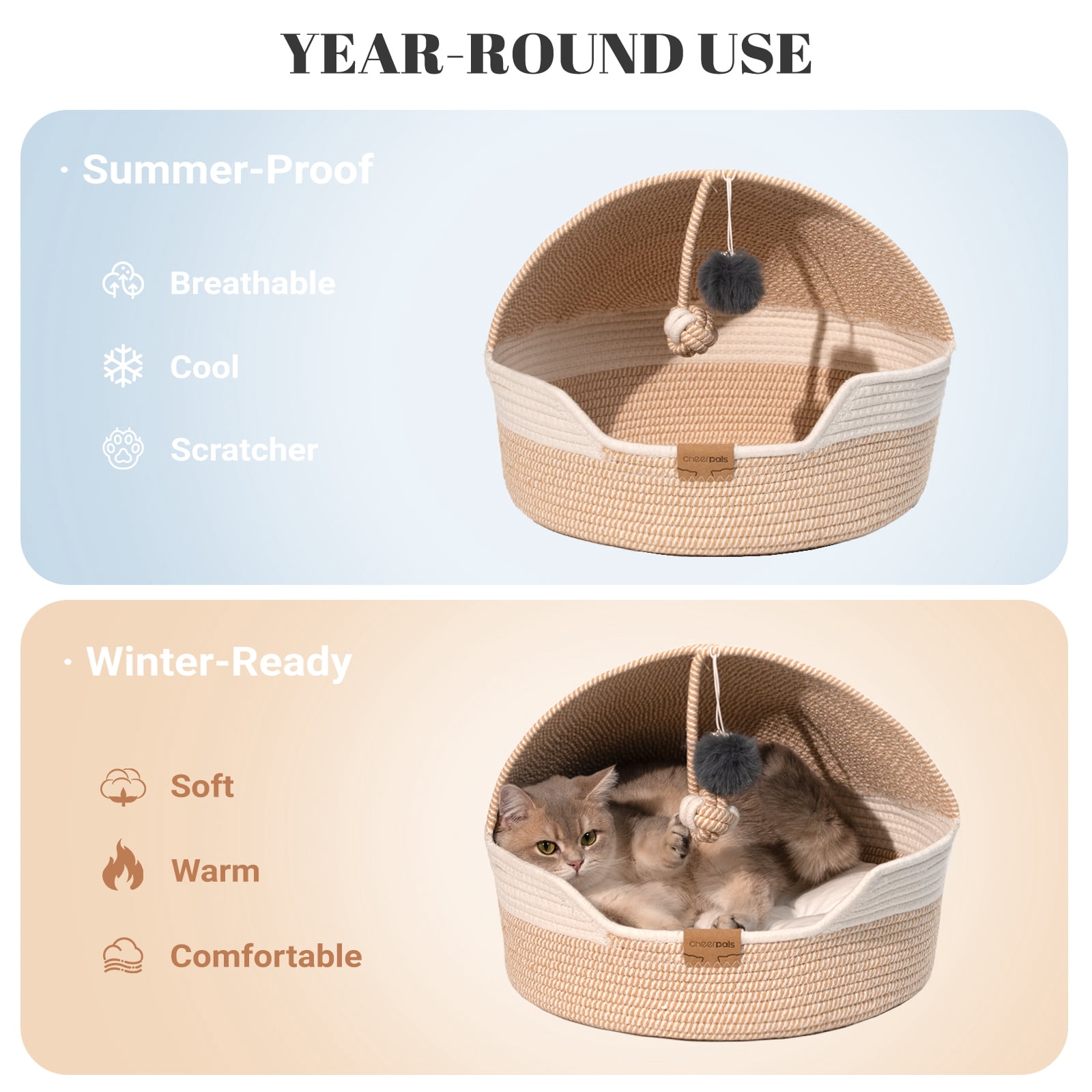 Cheerpals 3-in-1 Cat Bed, Hand-Woven Cat Cave with Washable Cushion & Toy Ball, Durable Cat Scratcher for Year-Round Use