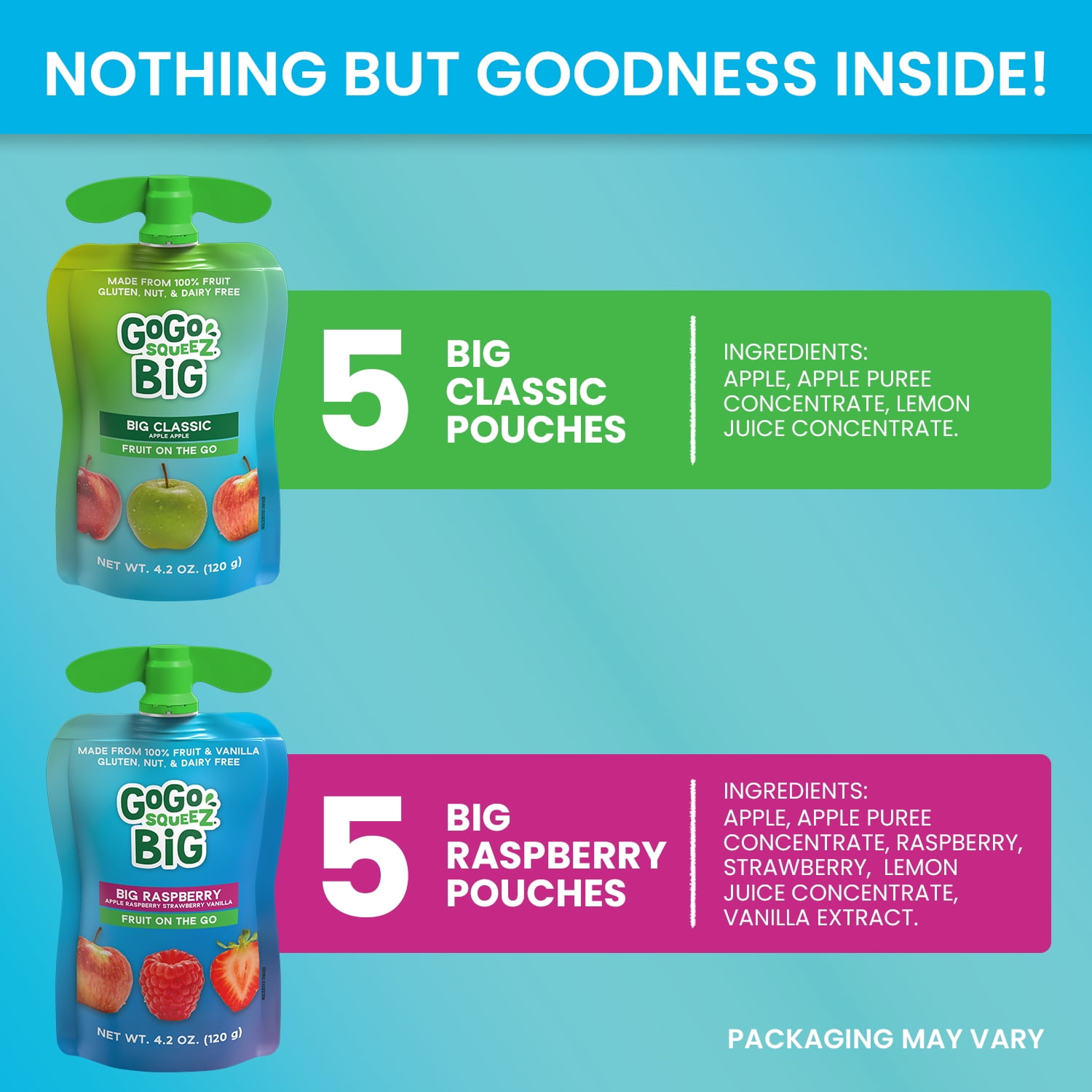 GoGo squeeZ BIG Applesauce and Fruit Puree with Vanilla Variety Pack, BIG Classic Apple and BIG Raspberry, 4.2 oz, 10 Pack