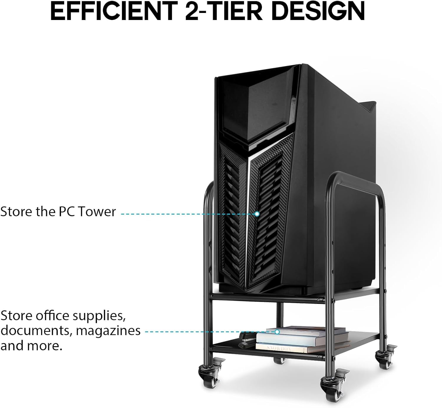 360Tronix Height Adjustable Computer Tower Stand, Metal Rolling Cart on Wheels for ATX Case Printer, Black Round Tube
