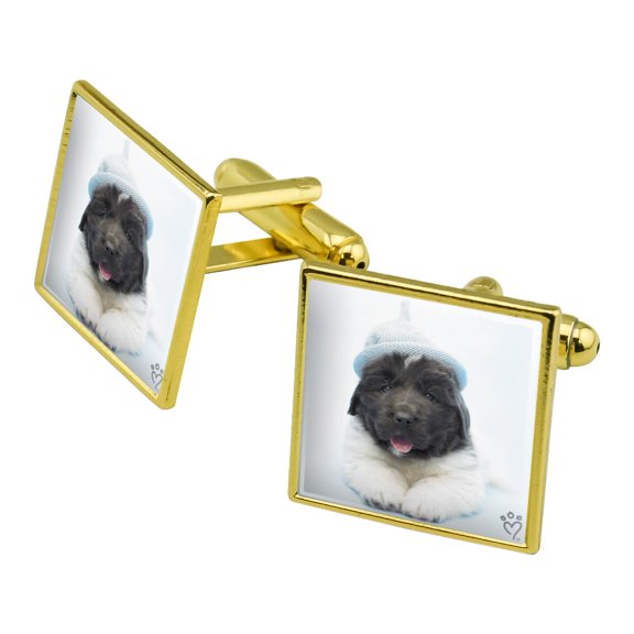 Newfoundland Puppy Dog Knitted Beanie Hat Square Cufflink Set - Silver or Gold