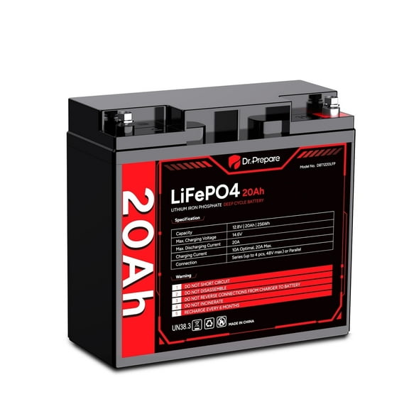 Dr. Prepare 12V 20Ah Lithium Battery, Built-in BMS, 4000  Cycles LiFePO4 Battery, for Outdoor Fish Finder/Radio/Lighting/RV traveling