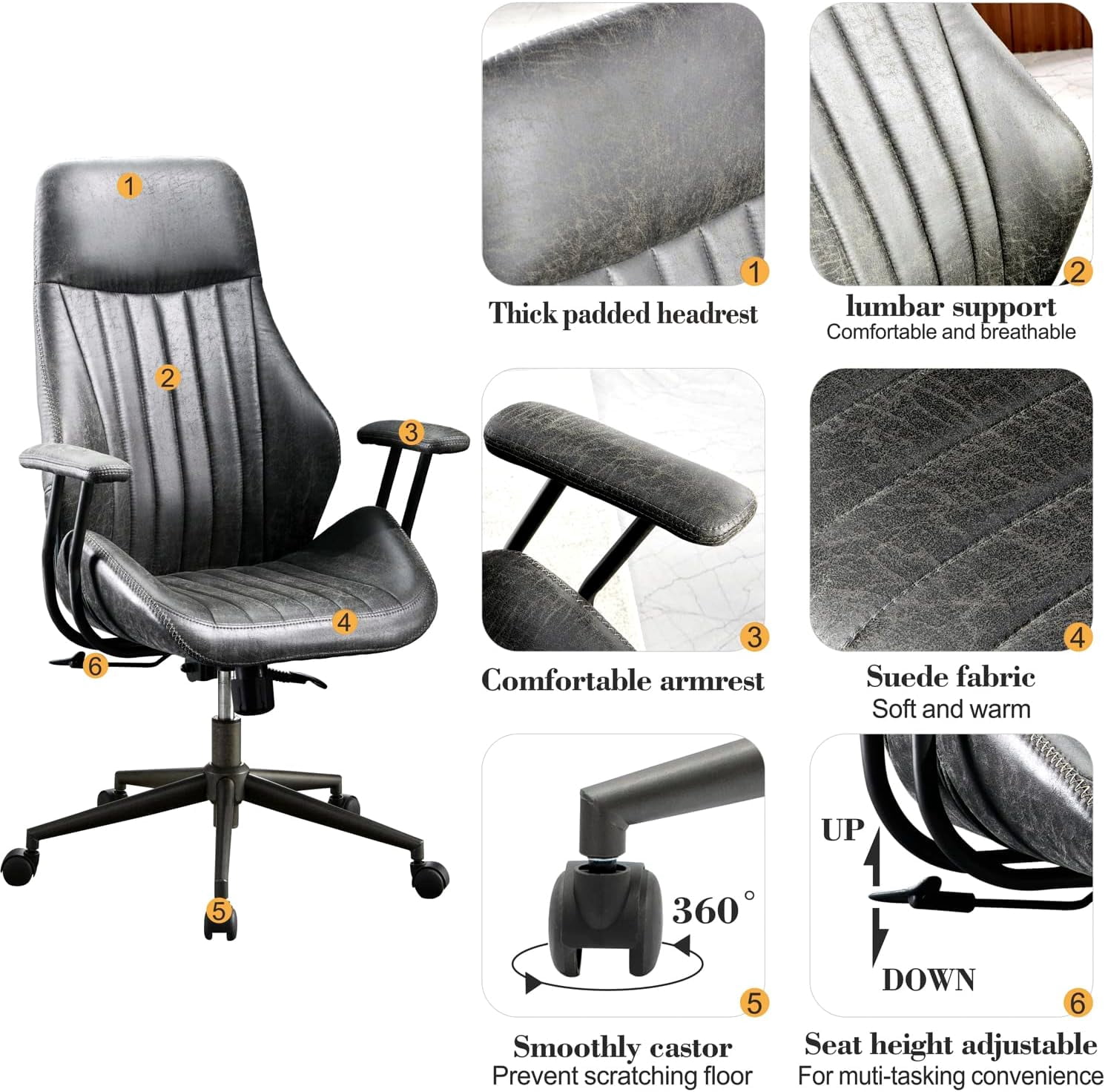 XIZZI Ergonomic Computer High Back Chair, Adjustable Office Desk Chairs Home Suede Fabric Chair-Dark Gray