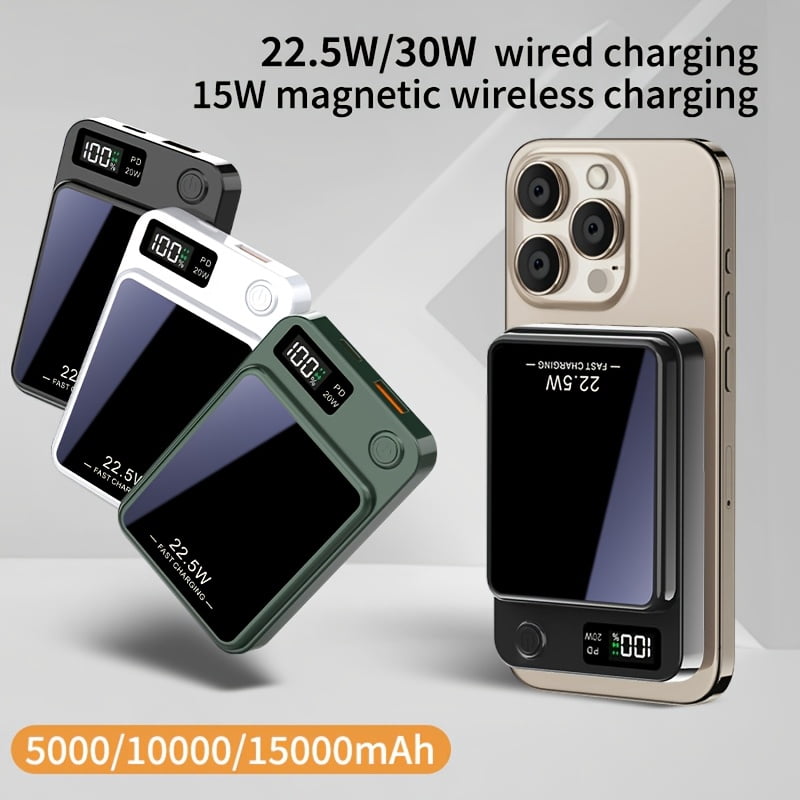 Magnetic Wireless Power Bank 5000/10000/15000mAh, 30W PD Fast & 15W Wireless Charger, Magnetic for iPhone 17-12 Series, Wired Charging for Android