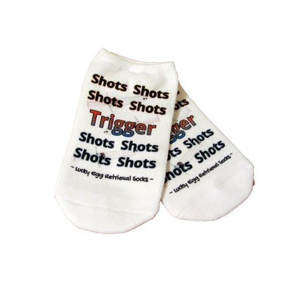 IVF Socks, Shots Shots Shots Trigger No Show women's white Socks for IVF Egg Retrieval Day or Fertilzation Day