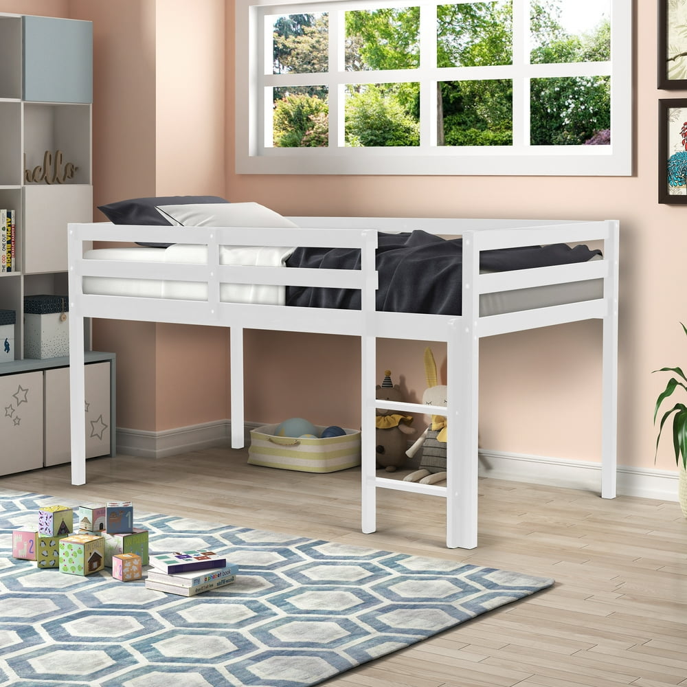 Powerdelux Kids Twin Loft Bed with Stair, Solid Wood Low Sturdy Loft Bed, White