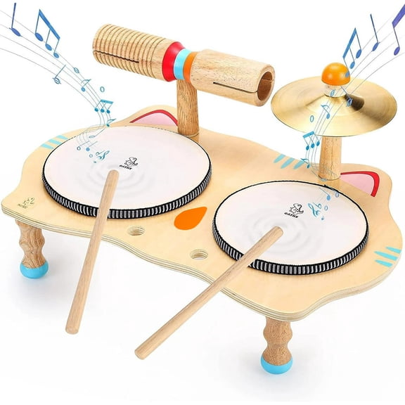 OATHX Toddler Educational Toys Kids Drum Set Wood Musical Instruments Baby Learn Music Birthday Gift