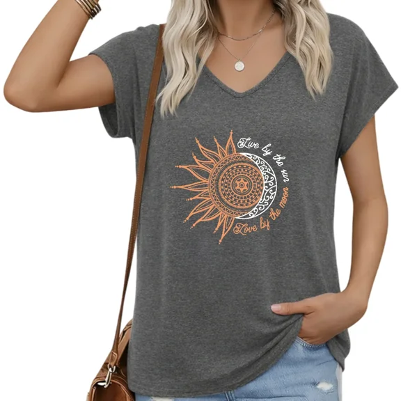 UNISHE Womens Bohemian Sun Moon Graphic V-Neck Tee Soft Casual Daily Top