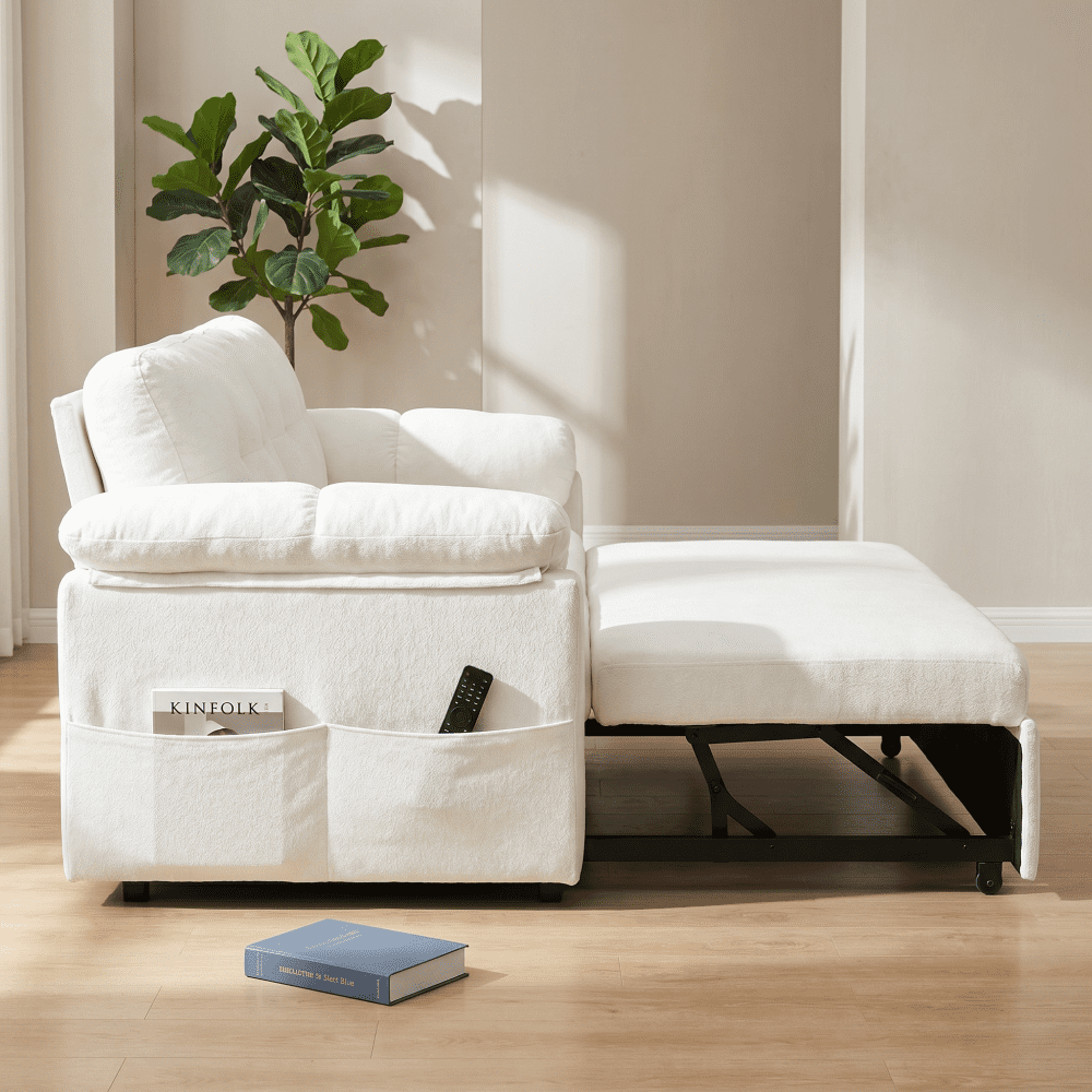 72" Chenille Fabric Sleeper Loveseat Couch, Pull-Out Couch Bed with Silent Casters, Convertible Loveseat Sofa Bed with Side Storage for Living Rooms, Studios, Beige