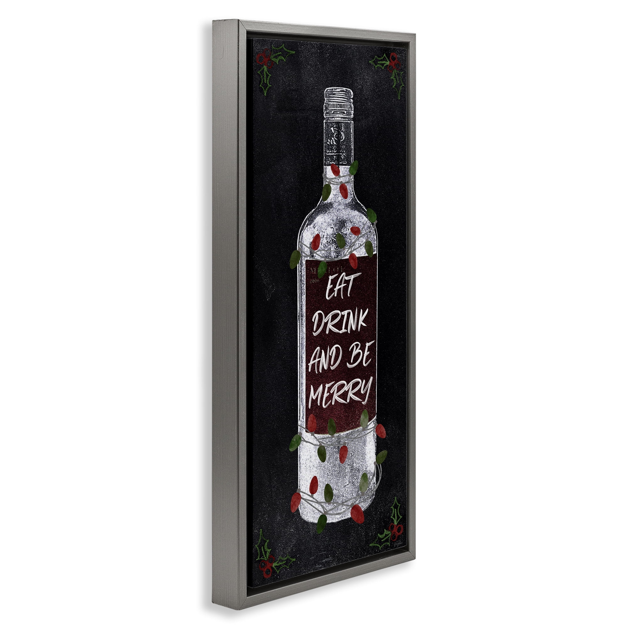 Stupell Industries Eat Drink Be Merry Holiday Painting Gray Floater Framed Canvas Art Prints Wall Art, 15 x 31