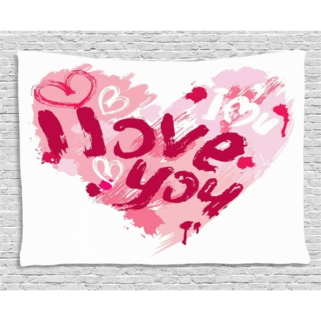 I Love You Tapestry, Paintbrush Love Message Best Friends Forever February Wedding Engaged Image, Wall Hanging for Bedroom Living Room Dorm Decor, 60W X 40L Inches, Pale Pink Ruby, by
