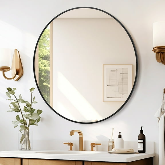 Aoile 36 inch Round Mirror for Wall Decor, Black Metal Frame Circle Mirror for Living Room, Bathroom, Entryway, Rustic