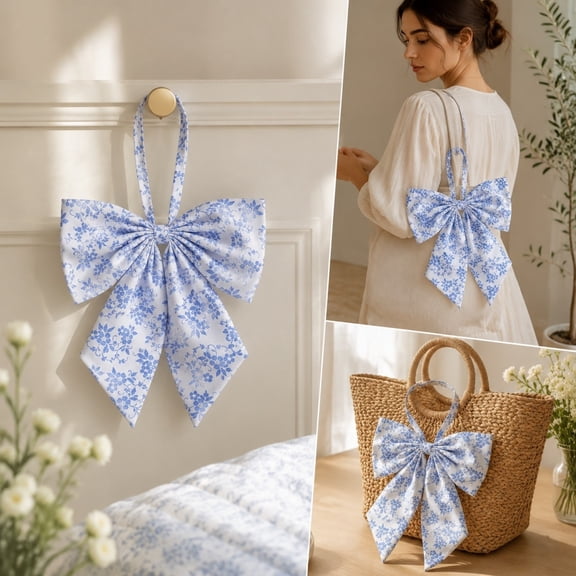 Festival Sash Bow, Blue Toile Chinoiserie Wreath Bow for Front Door, Large Floral Ribbon Bow, Indoor Outdoor Wedding Wall Hanging Decoration
