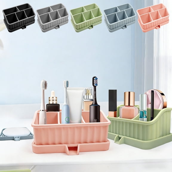 Silicone Toothbrush and Toothpaste Storage Box Rack with 6 Compartments, Detachable Water Tray, Multiple Colors, Bathroom and Desktop Organizer, 16.7x10.1x9cm