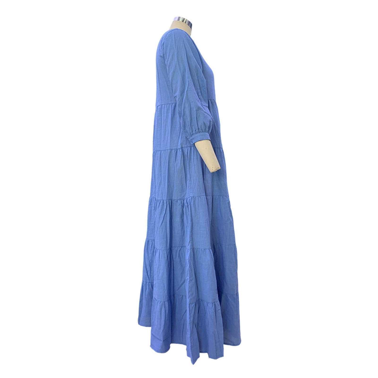 BiZtdJrK Women's Cotton Linen Dress Button Down Long Sleeve V Neck Boho Dresses Casual Pleated Layered Beach Long Dress, Blue, L