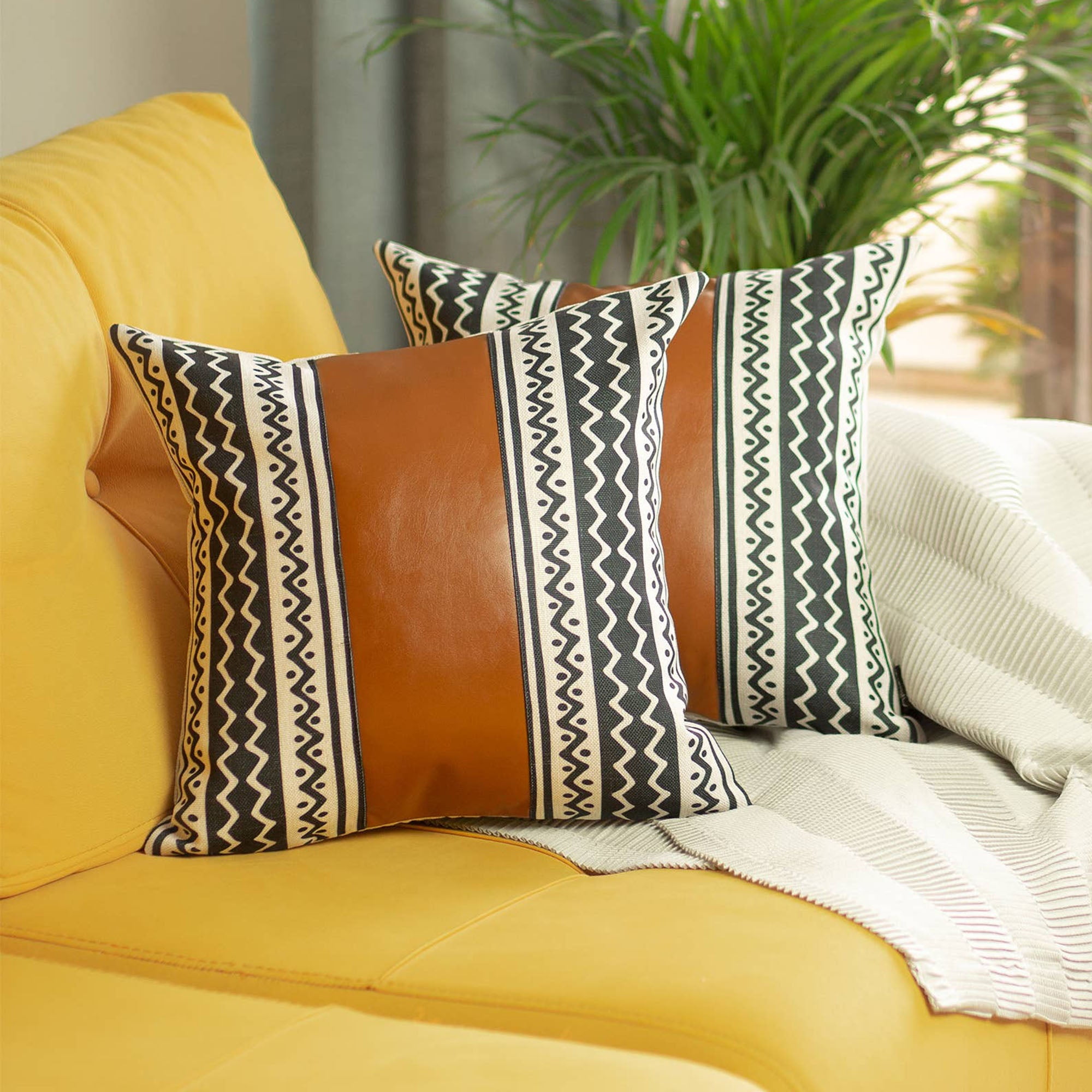 Boho Brown and Ivory Faux Leather Geometric Pillow Covers, Set of 2
