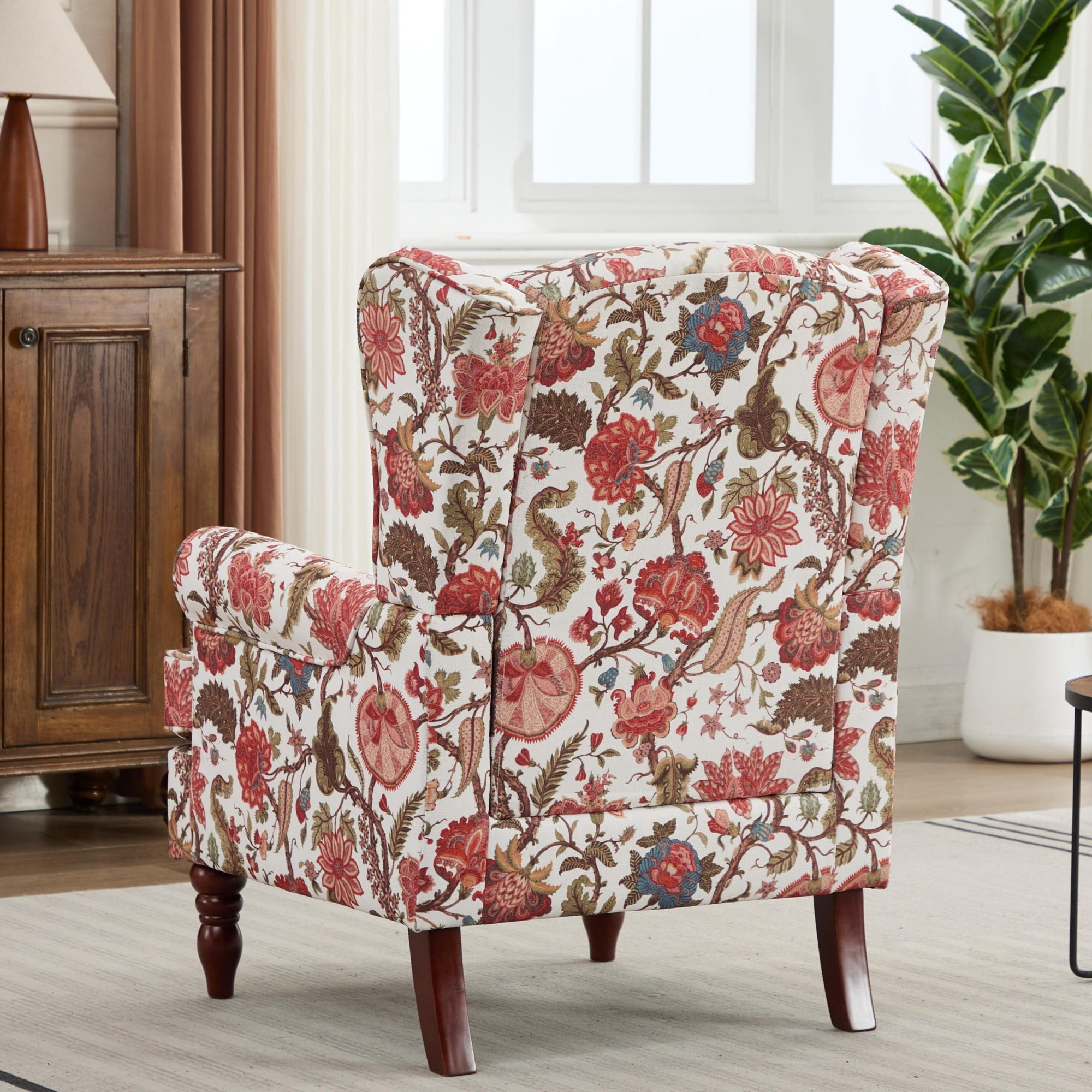 Modern Accent Chair with Wood Legs,Retro Upholstered Armchair Single Sofa Chair Reading Accent Chair for Living Room Bedroom Office,Floral Red