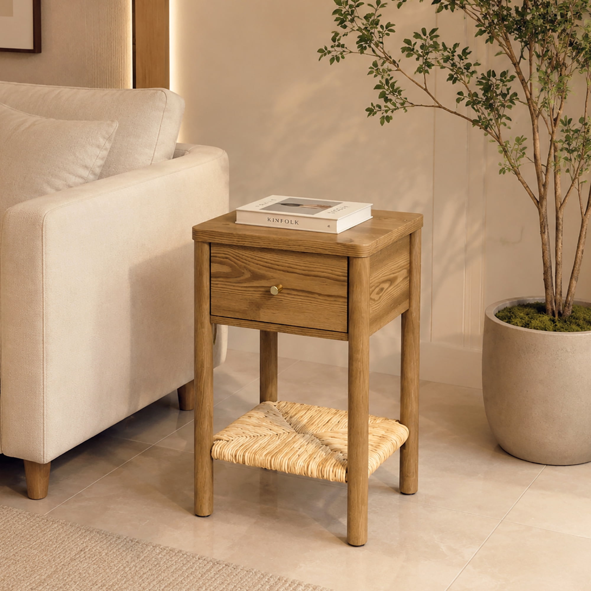 Leumius End Table with Rounded Edge Tabletop, Solid Wood Round Legs, Woven Jute Storage Shelf & Drawer, Nightstand for Bedroom Living Room Walnut