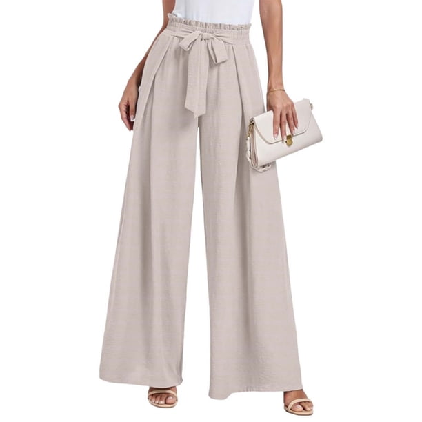 WILLBEST Pantalones Casuales para Mujer, Color Liso, Cintura Alta, Palazzo, Holgados, con Lazo y Bolsillos, Largos, para Uso Diario. Extra Chica