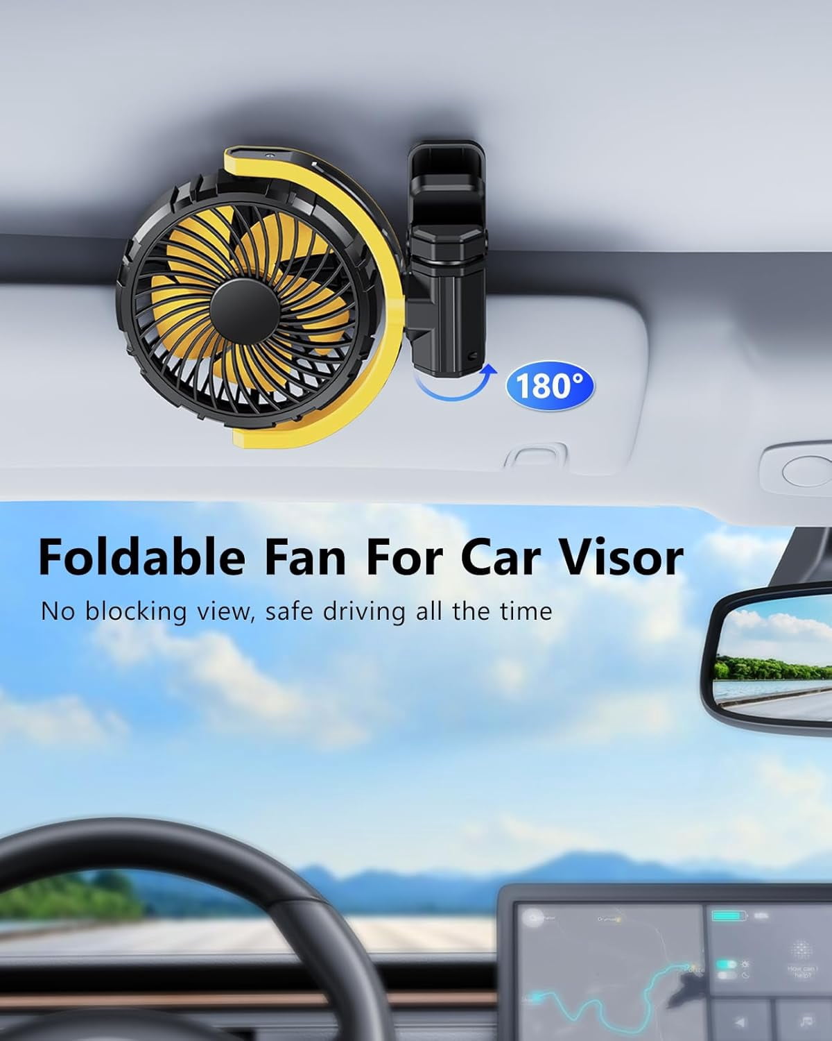 Battery Powered Clip On Fan for Car Visor Back Seat Roof Handles, Portable Car Fan Rechargeable for SUV Van RV Pickup Truck Camping Desk Bed Stroller Baby Crib, Quiet 360 Rotation(Yellow)