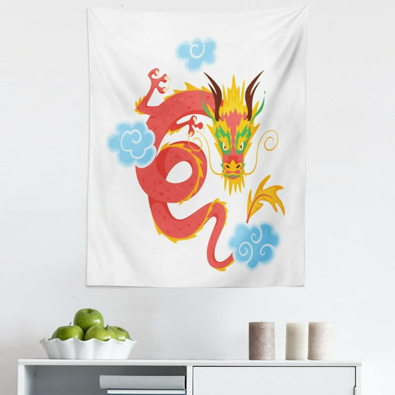 Dragon Tapestry, Swirling Clouds Around an Angry Faced Dragon, Fabric Wall Hanging Decor for Bedroom Living Room Dorm, 5 Sizes, White Multicolor, by Ambesonne