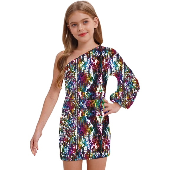inhzoy Kids Girls One Shoulder Long Sleeve Sparkle Sequin Mini Dress Dance Prom Gown Party Dress Multicolor 14