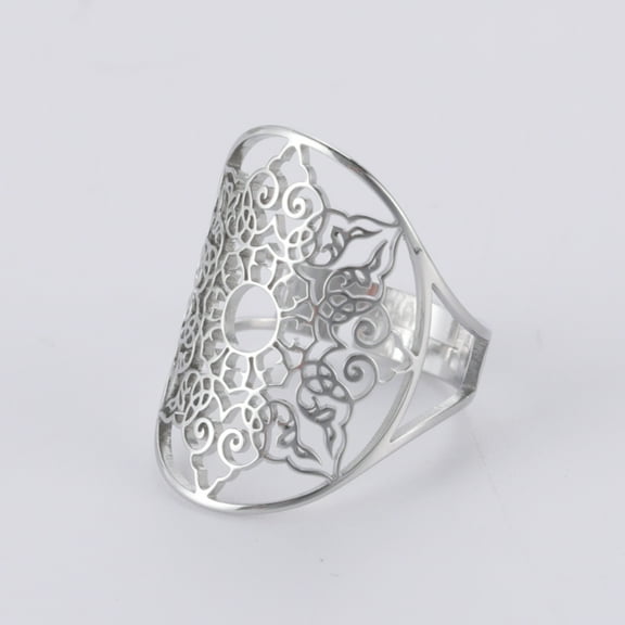 TEAMER Mandala The Healing Amulet silver Ring Vintage Filigree Resizable Ring Talisman for Good Health Stainless Steel Jewelry