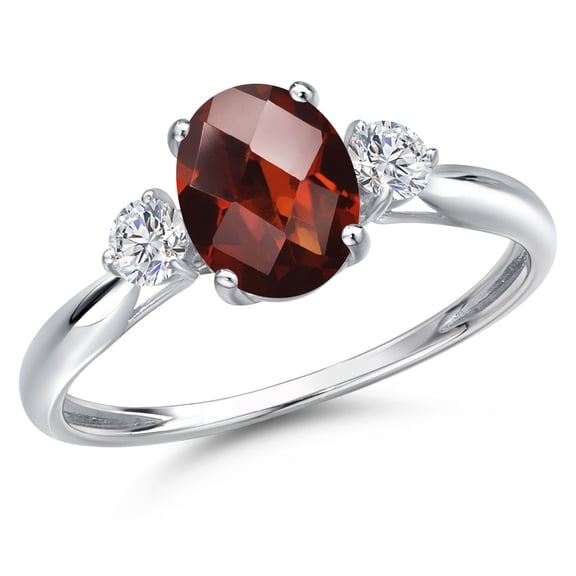 Gem Stone King 10K White Gold Red Garnet and Lab Grown Diamond 3-Stone Ring for Women | 1.75 Cttw | Oval Checkerboard 8X6MM | Gemstone January Birthstone | Size 8