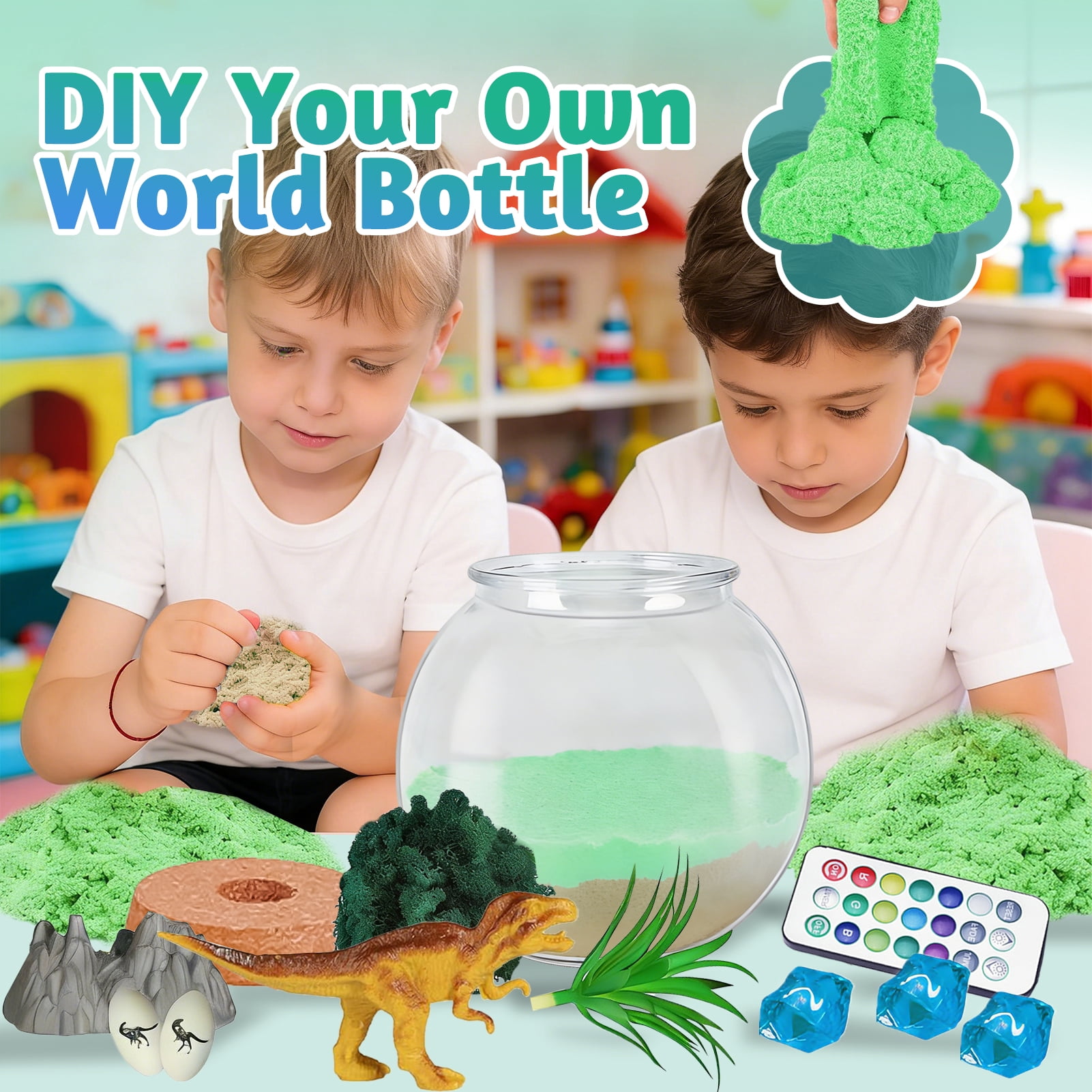Sunforu Dinosaur Terrarium Kit with 13-Color LED Night Light & Remote, DIY Prehistoric Garden, Creative Craft Toy, Unique Birthday Christmas Gift for Kids Boys Girls Ages 6+