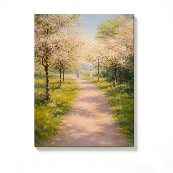 FLASHLUMI 8x12 Inch Spring Cherry Blossom Path with Two Girls Oil Painting Canvas Wall Art, Serene Nature Landscape Decor for Living Room Bedroom, No Frame