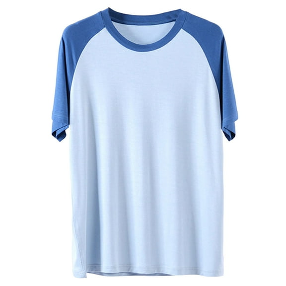 Wyobums Mens Pajama Tops for Size L-4Xl Comfy Raglan Sleepwear Casual Short Sleeve Color Blocked Pullover Round Neck Workout Tshirt Dark Blue