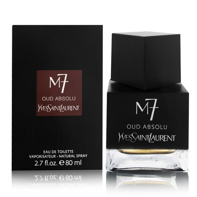 perfume yves saint laurent m-7 oud absolu eau de toilette 80 ml Frasco y caja negros, vista frontal de botella de vidrio con tapa cúbica negra y logo M7 en blanco; caja a la izquierda muestra nombre de la fragancia y volumen 80 ml.