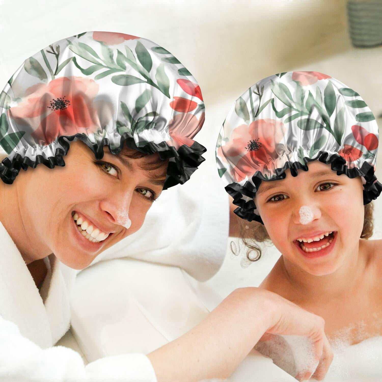 Shower Caps,Pioneer Flower Floral Print Pattern Waterproof Shower Cap for Women 4 Pieces,Double Reusable Hair Cover for Shower PEVA Elastic Stretch Hem