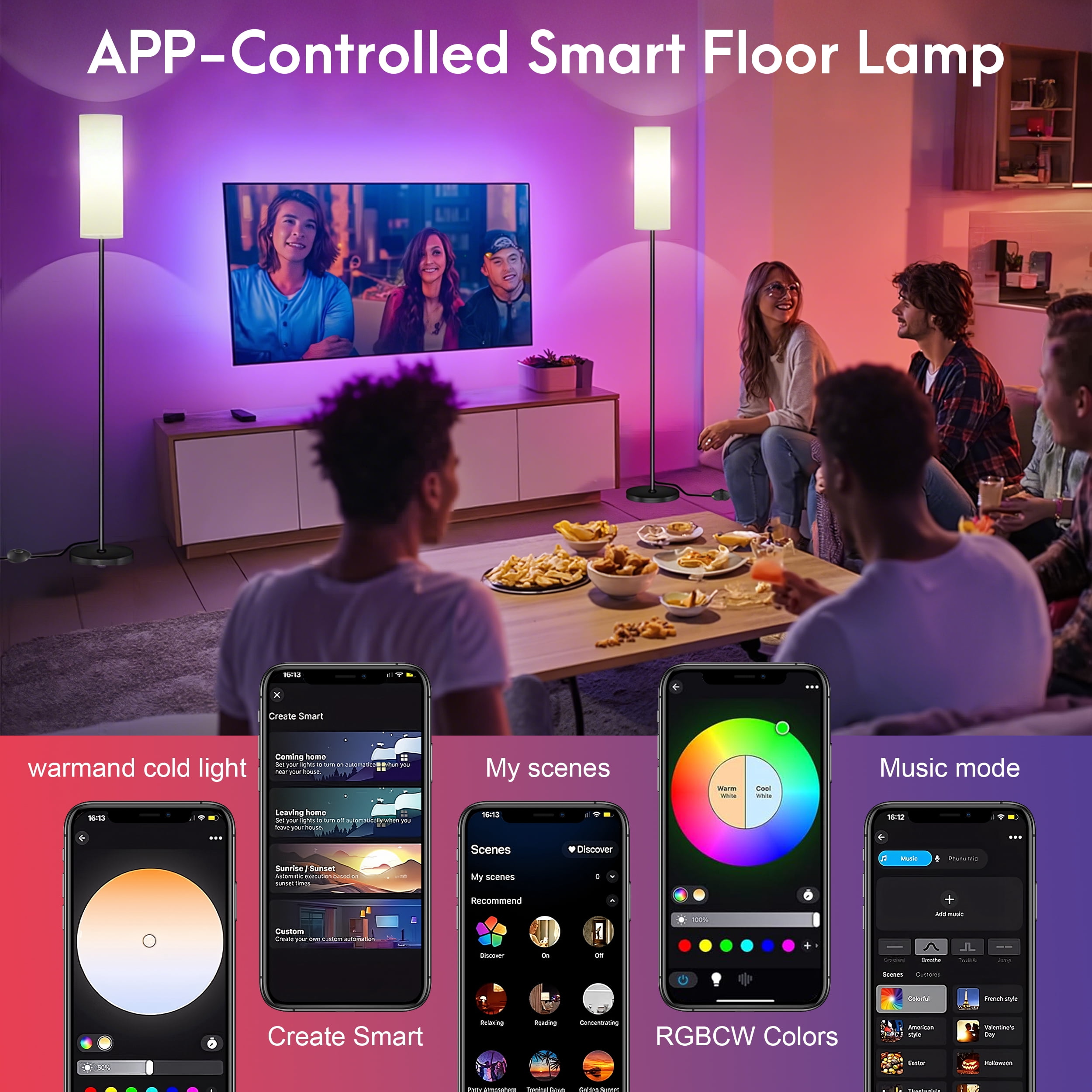 RELOIVE LED Floor Lamp,68.1” Dimmable Standing Tall Lamp with APP Control & RGB Colors,9W 800LM LED Bulb Included,for Bedroom, Office, Kids & Living Room