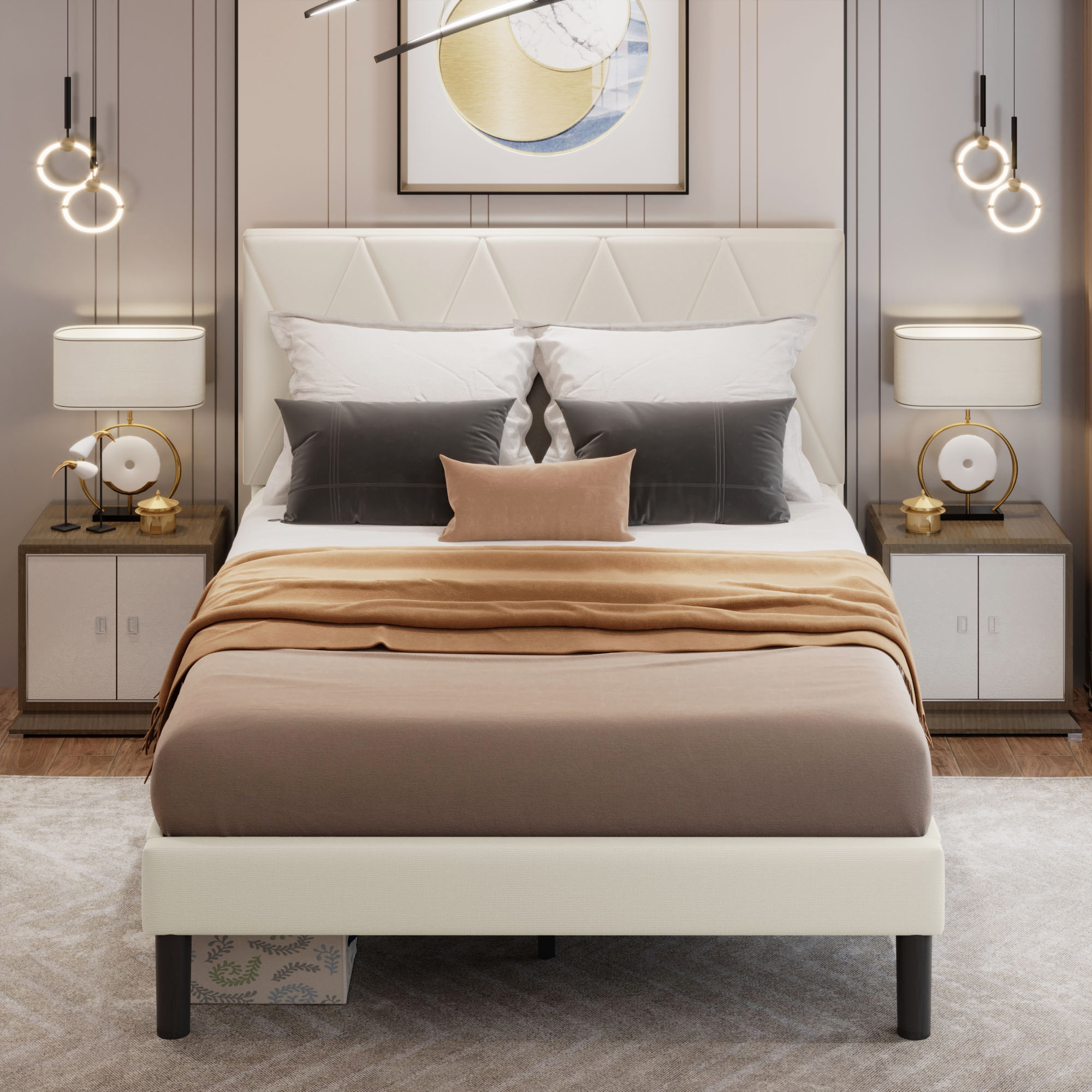 DEXTRUS Queen Upholstered Bed Frame with Adjustable Headboard, Beige