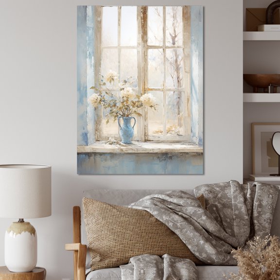 Designart "Minimalist Charm of Floral Windows in Blue and White I" Farm Canvas Wall Art - Country White Farm Windows Entryway Wall Art