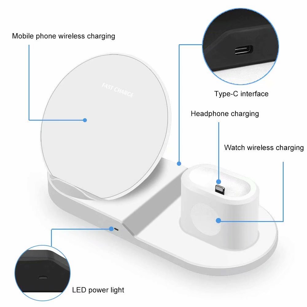 Wireless Charger 3 in 1 Wireless Charging Dock Compatible with Apple Watch and Airpods Charging Station Qi Fast Wireless Charging Stand Compatible iPhone X XS XR Xs Max 8 8 Plus - image 2 of 9