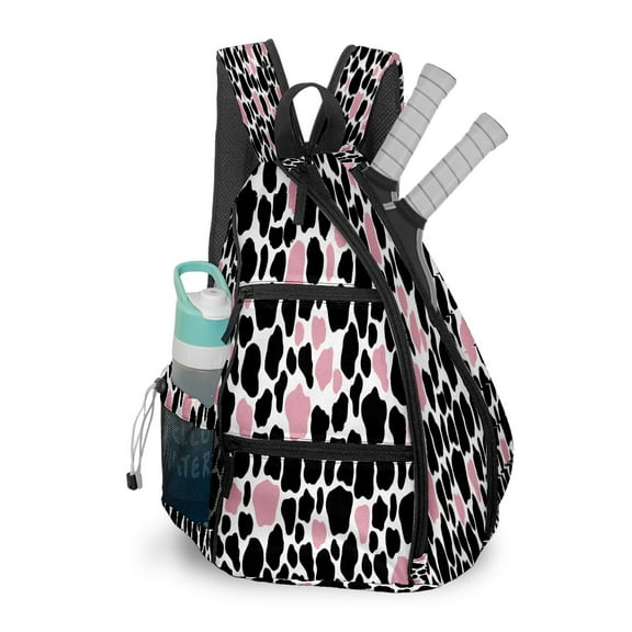 Pickleball Bags for Men Women Pickleball Backpack with Large Capacity Lightweight Adjustable Pickleball Sling Bag Hold Paddles, Balls, Accessories Cow Print Pink Black