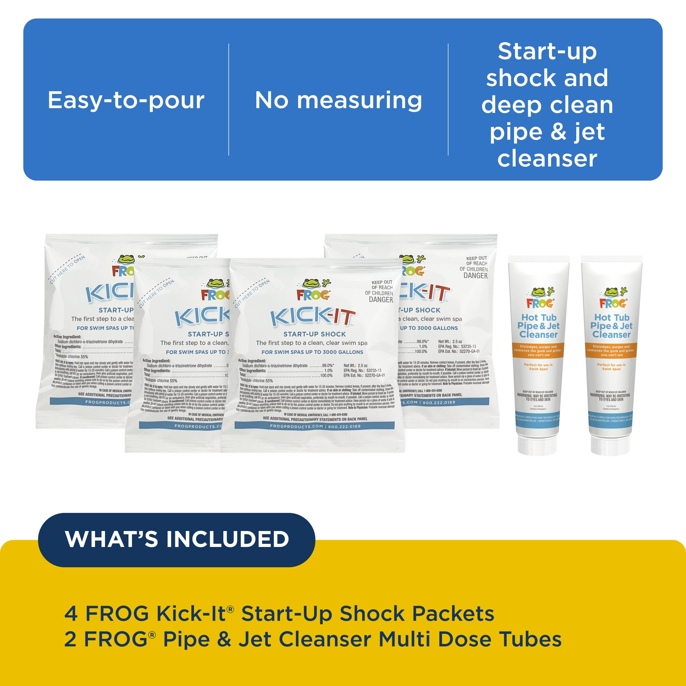 FROG Kick-It and Pipe & Jet Cleanser for Swim Spas - Start-Up Chlorine Shock and Multi Dose Deep Clean Purge Cleaner - Swim Spa Set Up & Treatment - Fresh Start Bundle+