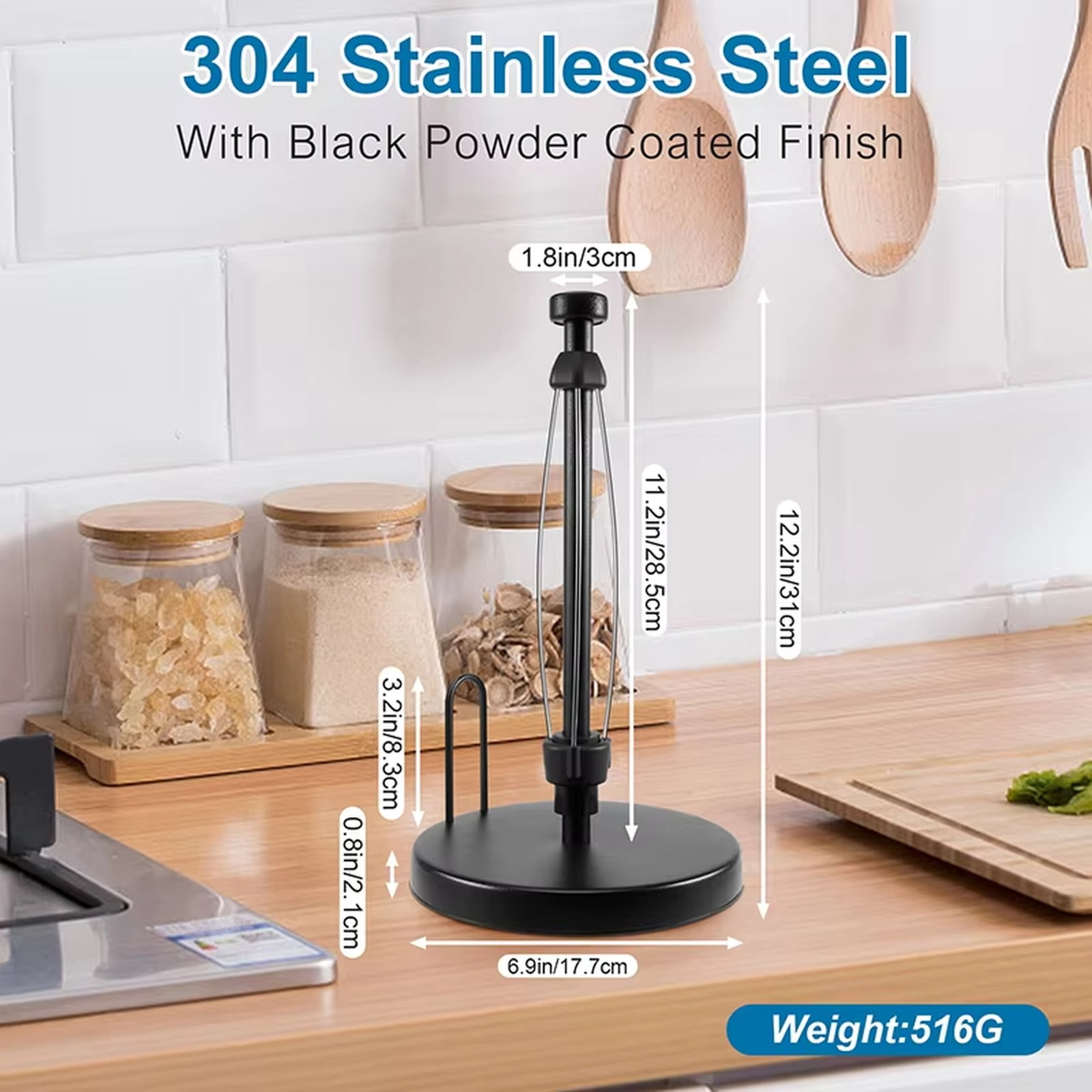 Paper Towel Holder Countertop, Freestanding Paper Towel Roll Holder with Weighted Base, Damped Stainless Steel Standing Papertowel Holder for Kitchen