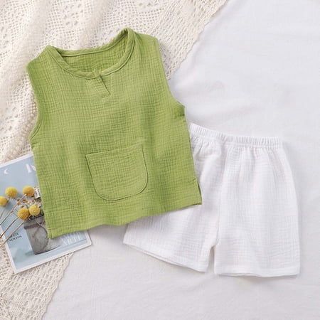 Toddler Baby Kids Summer Outfits Cotton Casual Comfy Split Neck Sleeveless Tank T-Shirt 2 Pieces Loungewear Sets Green 6-12 Months